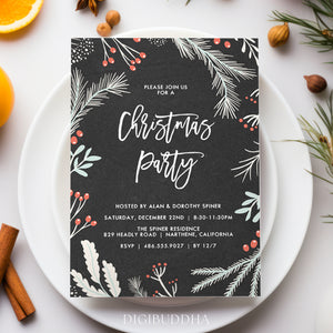 Festive chalkboard design Christmas party invitation adorned with red berries and holly, signifying elegant holiday merriment.