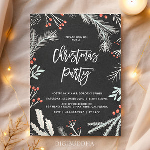 Festive chalkboard design Christmas party invitation adorned with red berries and holly, signifying elegant holiday merriment.