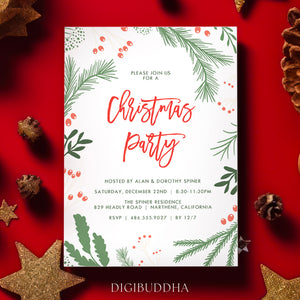 Image of holly festive Christmas party invitations, 5x7 inch, featuring vibrant red and green colors with a modern design, customizable for holiday events, showing detailed holly and evergreen illustrations, indicating easy personalization options and quick delivery for customers planning Christmas celebrations.