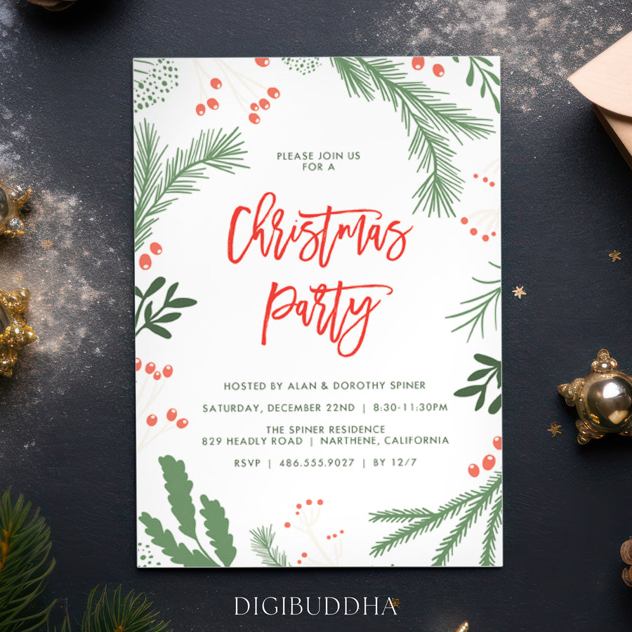 Image of holly festive Christmas party invitations, 5x7 inch, featuring vibrant red and green colors with a modern design, customizable for holiday events, showing detailed holly and evergreen illustrations, indicating easy personalization options and quick delivery for customers planning Christmas celebrations.