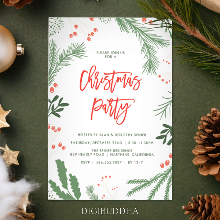 Image of holly festive Christmas party invitations, 5x7 inch, featuring vibrant red and green colors with a modern design, customizable for holiday events, showing detailed holly and evergreen illustrations, indicating easy personalization options and quick delivery for customers planning Christmas celebrations.