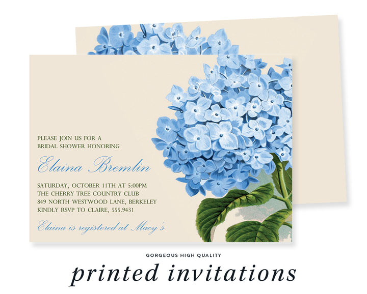Blue hydrangea bridal shower invitations with watercolor florals, perfect for vintage, garden, and classic bridal showers.