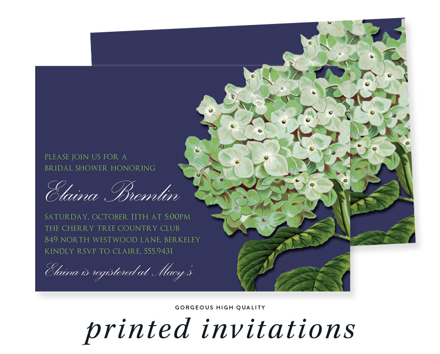 Chic blue and green hydrangea bridal shower invitation, with watercolor florals for a vintage, garden party celebration.