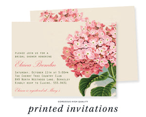Classic Hydrangea in Pink Bridal Shower Invitations, featuring pink florals, large blooms, and watercolor effects