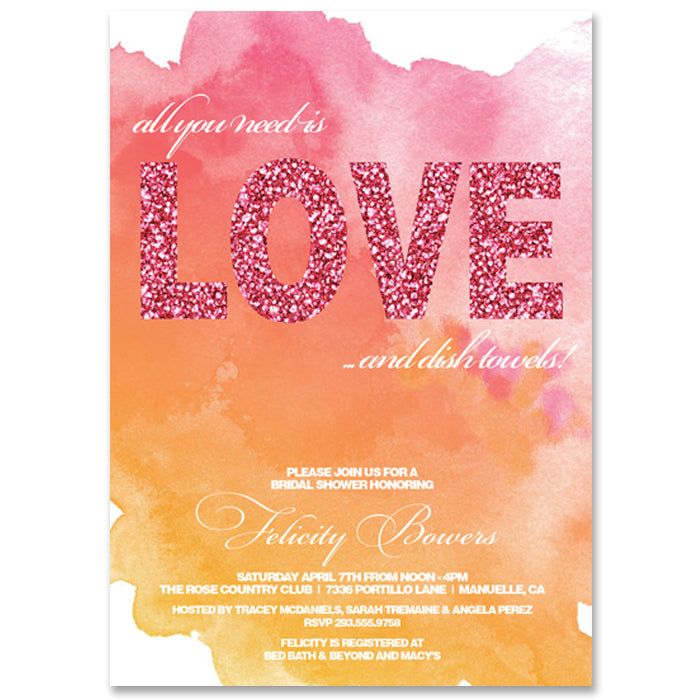 Chic All You Need is Love Bridal Shower Invitation, pink and orange theme, glam and fun design, watercolor and glitter look