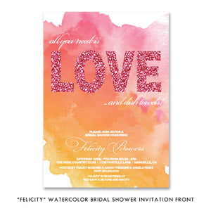 Chic All You Need is Love Bridal Shower Invitation, pink and orange theme, glam and fun design, watercolor and glitter look