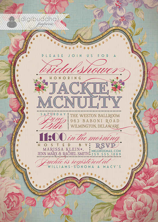 Victorian vintage roses bridal shower invitations with English roses in pink and purple, perfect for a classic bridal event