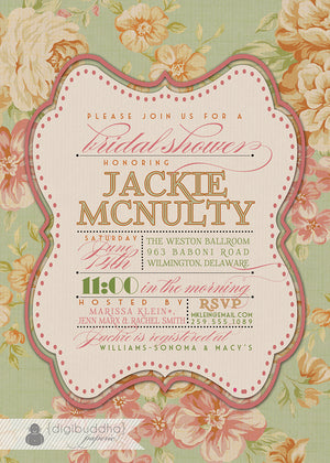 Victorian mint rose bridal shower invitation with mint and blush colors, English roses, and vintage design by Digibuddha.