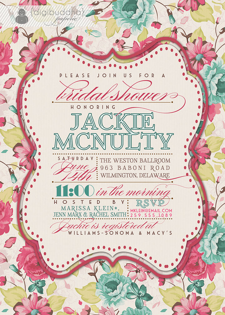 Victorian pink and blue floral bridal shower invitations, modern vintage design, classy and sophisticated by Digibuddha.