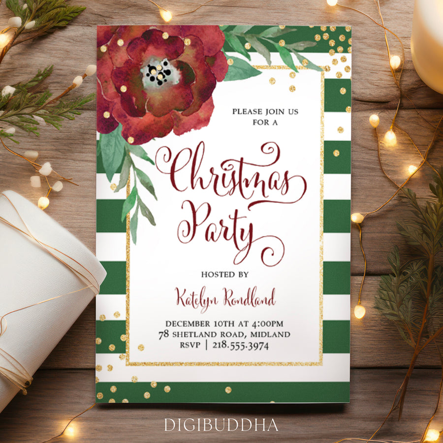 Green Striped Christmas Party Invitation - Katelyn