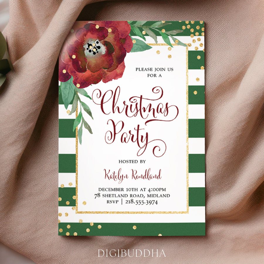 Green Striped Christmas Party Invitation - Katelyn