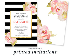 Elegant black white and blush bridal shower invitations with gold border, modern design, chic bride-to-be appeal by Digibuddha