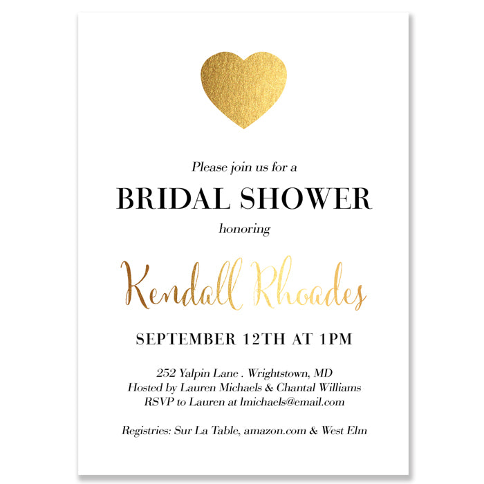Elegant modern gold heart bridal shower invitations with beautiful fonts, minimalist design, white and gold theme by Digibuddha