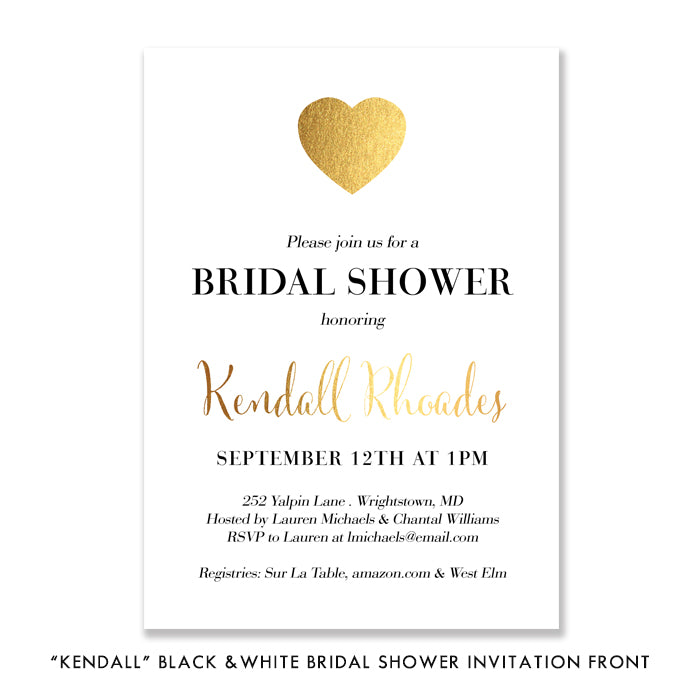 Elegant modern gold heart bridal shower invitations with beautiful fonts, minimalist design, white and gold theme by Digibuddha