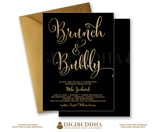 Classic Black and Gold Brunch and Bubbly Bridal Shower Invitation, featuring a chic black background with gold shimmer font.