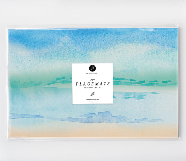 Ocean Beach Paper Placemats with Shades of Blue by Digibuddha