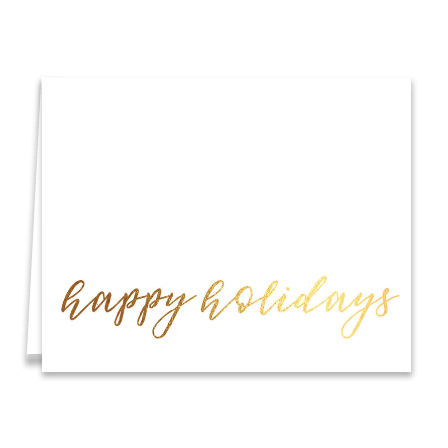 Elegant faux gold script happy holidays Christmas card, featuring a minimalist white and gold design.