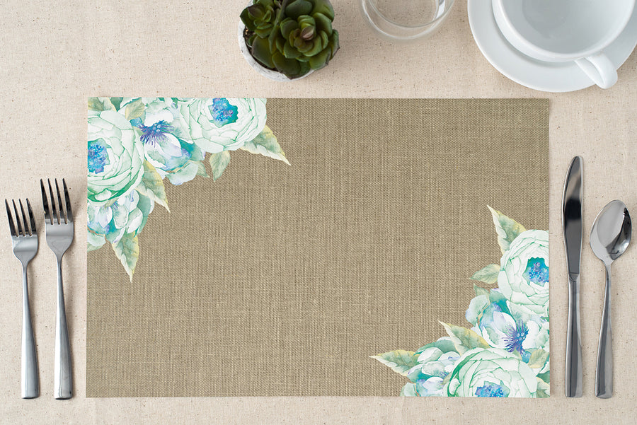 Elegant faux linen and country blue paper placemats with blue roses design, ideal for stylish dining and special occasions.