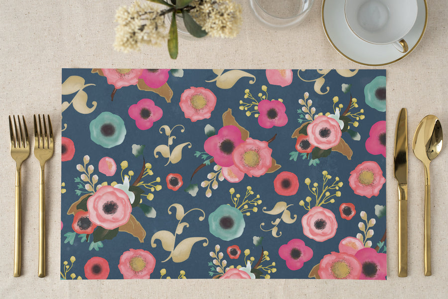 Dark navy flowers garden placemats with vibrant florals, perfect for modern dining, bridal showers, and garden tea parties.