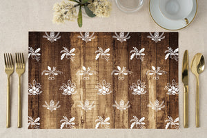 Elegant festive barn wood holiday paper placemat with woodgrain look and patterns of acorns, bells, and berries by Digibuddha.