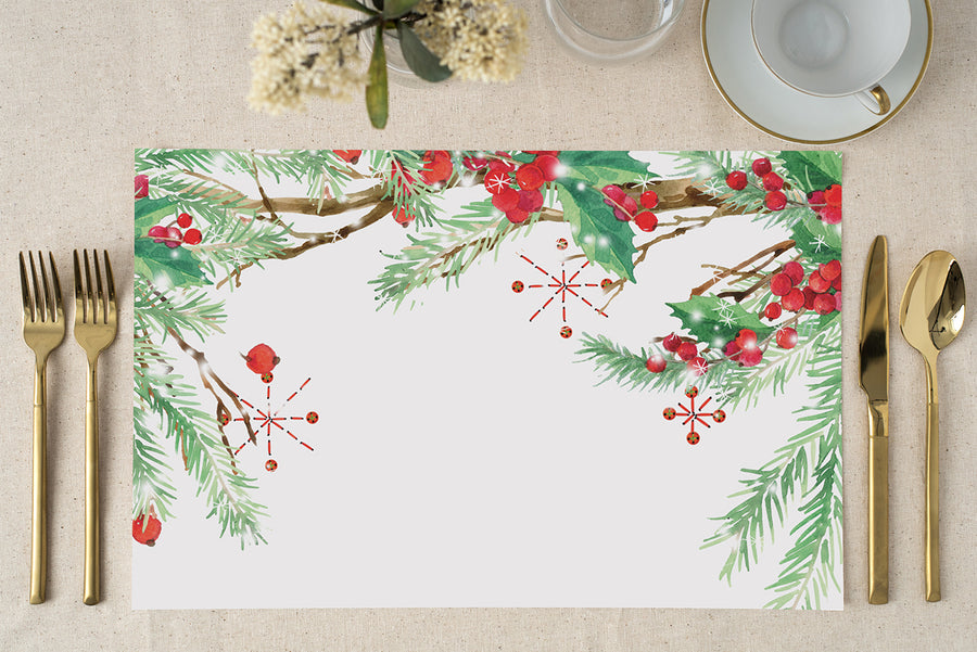 Transform your dining scene with our Christmas Evergreen Paper Placemats. Exquisite evergreen and holly design add a festive cheer, making every meal a celebration. Digibuddha's placemats are your ticket to a luxurious, cheerful dining experience this holiday season.