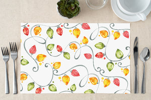 Colorful Christmas lights design on paper placemats, ideal for festive table decor, showcasing modern classic aesthetics. Luxury Festive Table Decor for Joyous Holiday Gatherings, Modern Classic Design to Jazz Up Your Kitchen