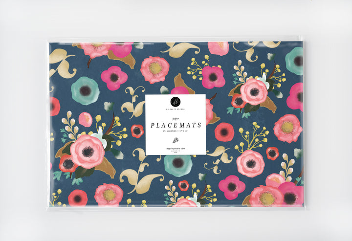 Dark navy flowers garden placemats with vibrant florals, perfect for modern dining, bridal showers, and garden tea parties.