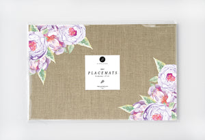 Rustic lavender roses paper placemats with purple flowers and faux linen design, perfect for modern table settings.