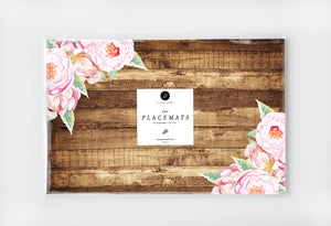 Pink floral wood paper placemats with rustic wood and pink roses design, perfect for table settings and special occasions.