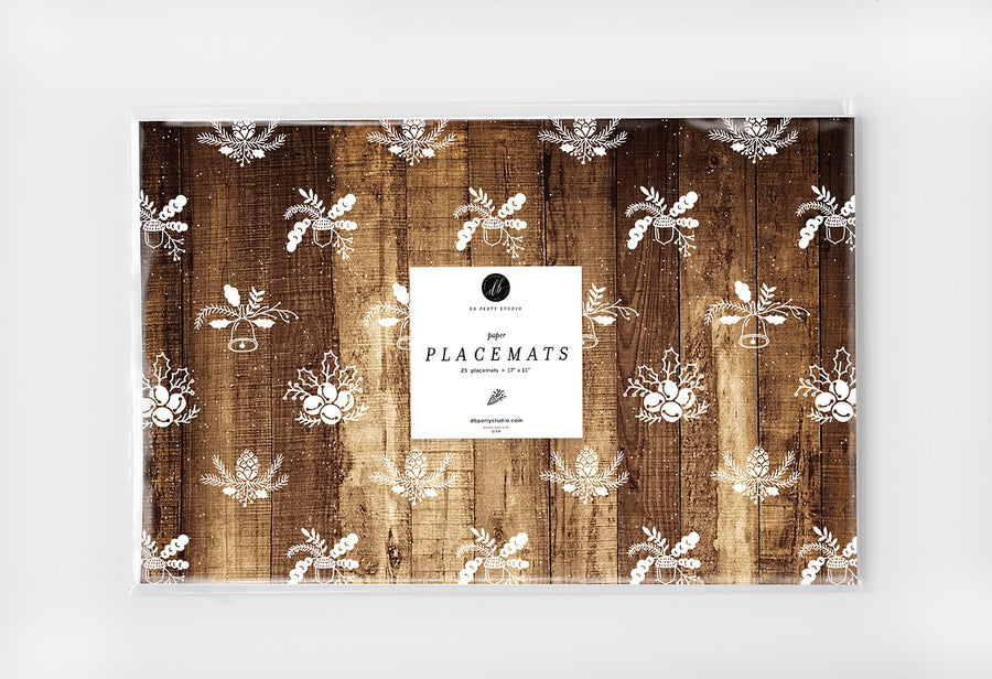 Elegant festive barn wood holiday paper placemat with woodgrain look and patterns of acorns, bells, and berries by Digibuddha.