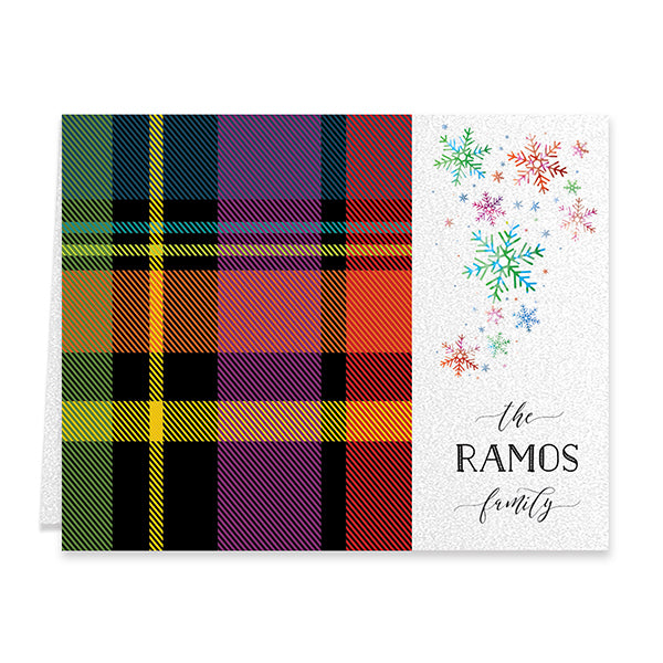 Digibuddha Christmas Plaid and Snowflake Cards with festive patterns, personalized family name, and colorful snowflakes.