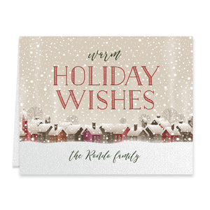 Rustic Warm Holiday Wishes Christmas Cards with snowfall design, earth tones, and personalized family name by Digibuddha