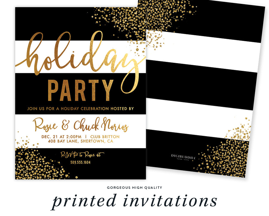 Black and white striped Christmas invitation with faux gold dots, elegant design for holiday parties