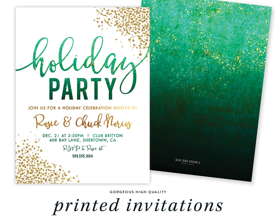 Green ombre Christmas party invite, festive chic design, perfect for holiday gatherings, customizable.