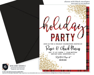 Red plaid Christmas party invitations with a sparkling gold glitter look, festive red and black modern design, customizable for holiday gatherings, featuring merry Christmas red tones.