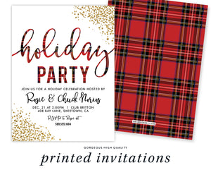 Red plaid Christmas party invitations with a sparkling gold glitter look, festive red and black modern design, customizable for holiday gatherings, featuring merry Christmas red tones.