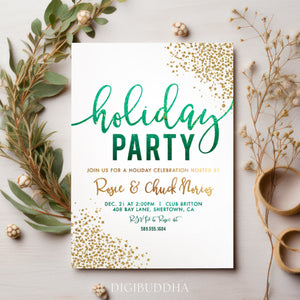 Green ombre Christmas party invite, festive chic design, perfect for holiday gatherings, customizable.