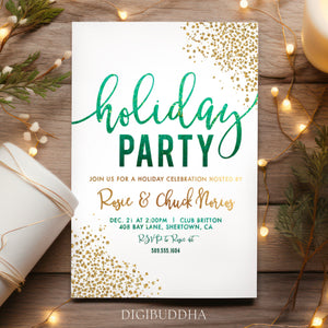 Green ombre Christmas party invite, festive chic design, perfect for holiday gatherings, customizable.