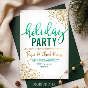 Green ombre Christmas party invite, festive chic design, perfect for holiday gatherings, customizable.