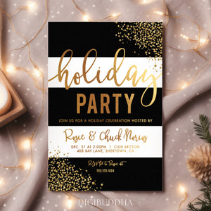 Black and white striped Christmas invitation with faux gold dots, elegant design for holiday parties