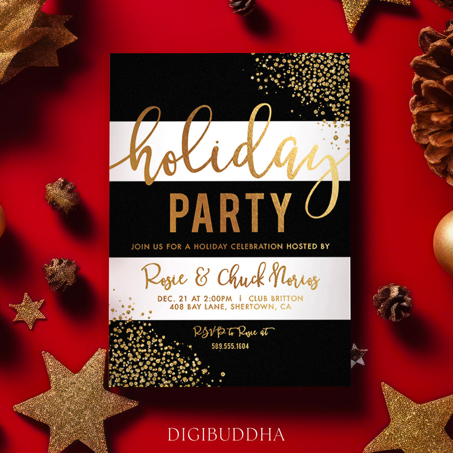 Black and white striped Christmas invitation with faux gold dots, elegant design for holiday parties