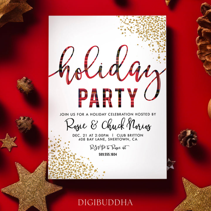 Red plaid Christmas party invitations with a sparkling gold glitter look, festive red and black modern design, customizable for holiday gatherings, featuring merry Christmas red tones.