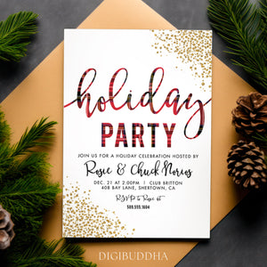 Red plaid Christmas party invitations with a sparkling gold glitter look, festive red and black modern design, customizable for holiday gatherings, featuring merry Christmas red tones.