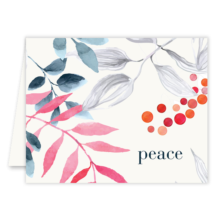 Elegant floral peace holiday cards, whimsical watercolor design, chic and modern, by Digibuddha.