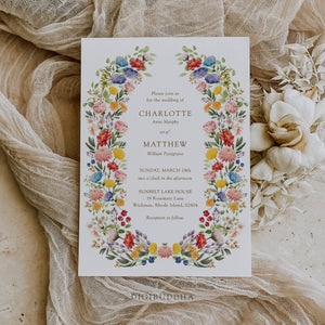 Floral garden wedding suite with wildflower and botanical accents, including wedding invitations, RSVP, and directions cards.