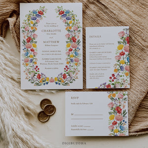 Floral garden wedding suite with wildflower and botanical accents, including wedding invitations, RSVP, and directions cards.