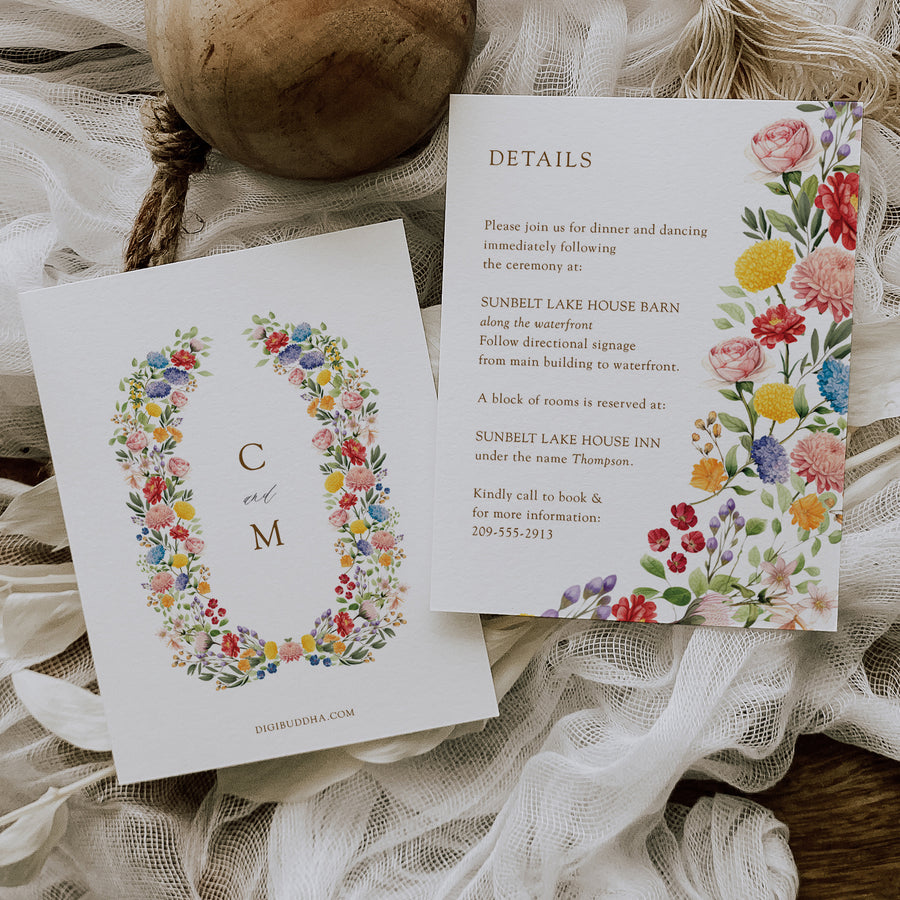 Floral garden wedding suite with wildflower and botanical accents, including wedding invitations, RSVP, and directions cards.