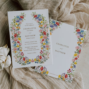 Floral garden wedding suite with wildflower and botanical accents, including wedding invitations, RSVP, and directions cards.