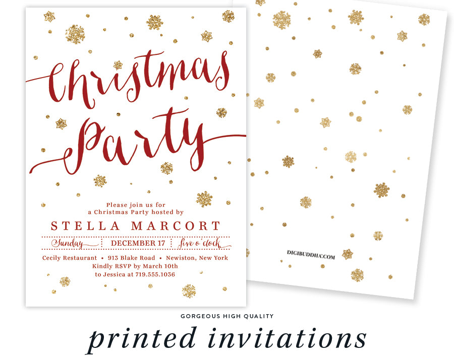 Red and gold snowflake design on a Christmas party invitation with elegant red script font, showcasing the festive and jolly theme of the holiday season.