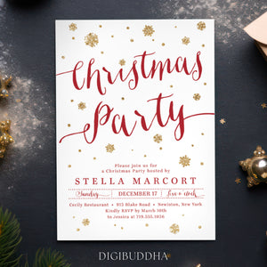 Red and gold snowflake design on a Christmas party invitation with elegant red script font, showcasing the festive and jolly theme of the holiday season.